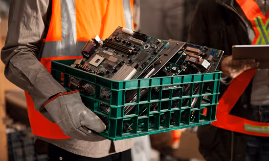 Person in orange safety vest and gloves carrying a green crate of circuit boards/e-waste in an industrial setting.