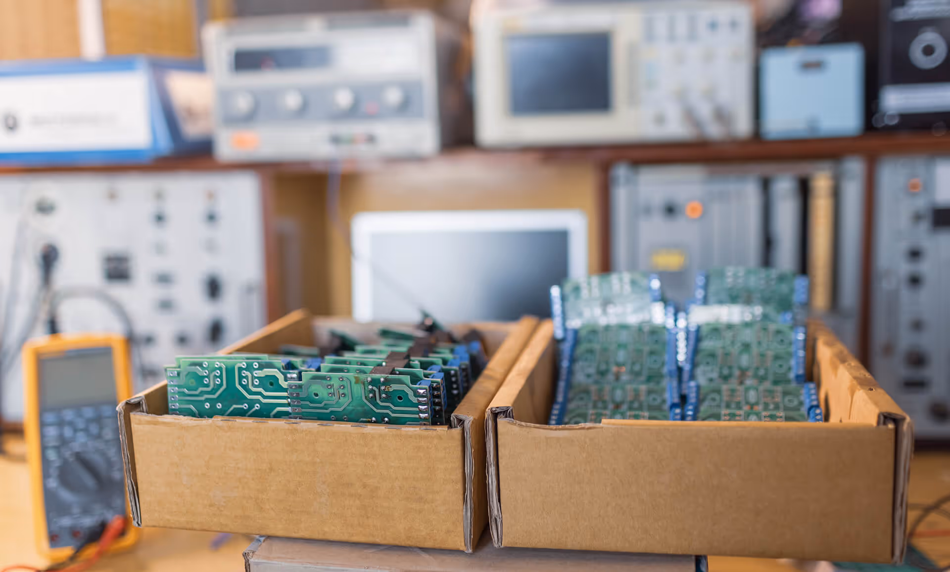 Two cardboard boxes filled with green embedded microcircuits sit on a workbench in an electronics laboratory, with testing equipment like an oscilloscope and multimeter in the background