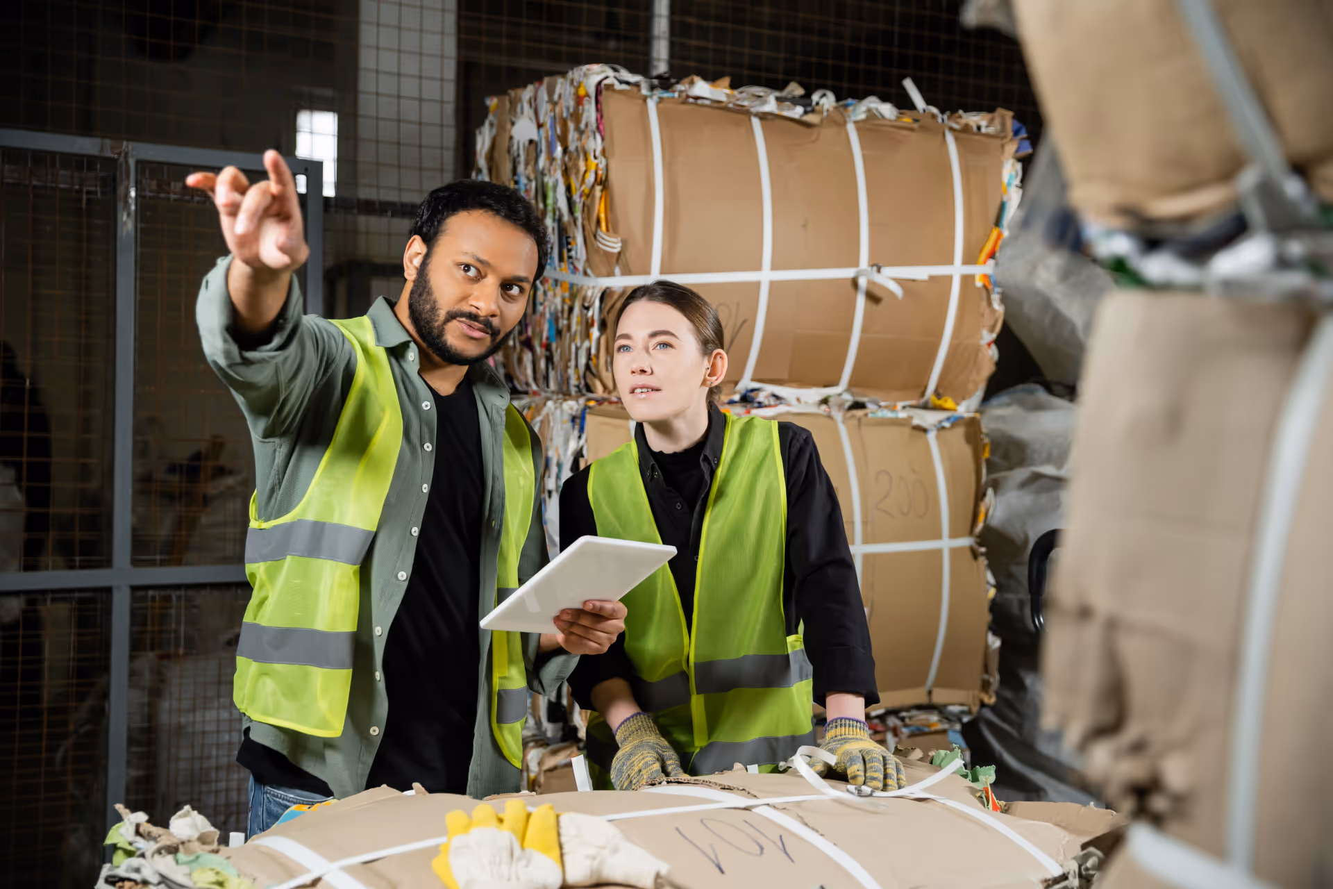 Two waste management workers in high-visibility vests discussing inventory near large bales of recycled cardboard