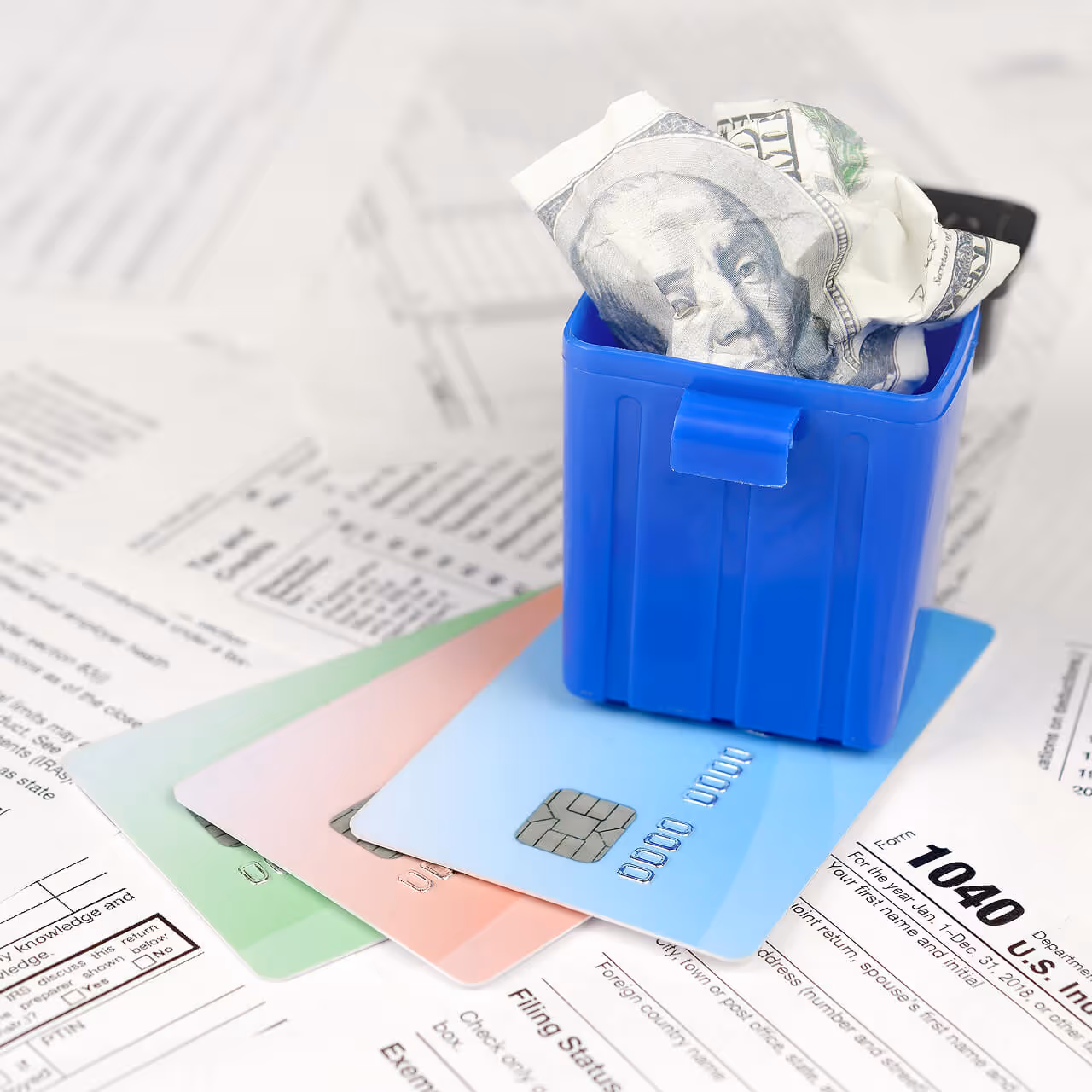 Crumpled US hundred-dollar bill in a small blue trash bin placed on credit cards and 1040 tax return forms