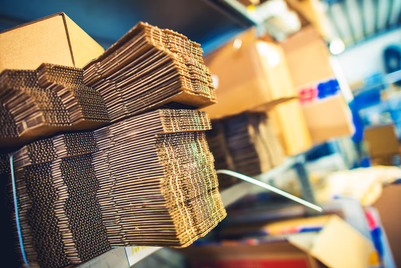 Stacks of flattened corrugated cardboard boxes on shelves in a warehouse shipping department