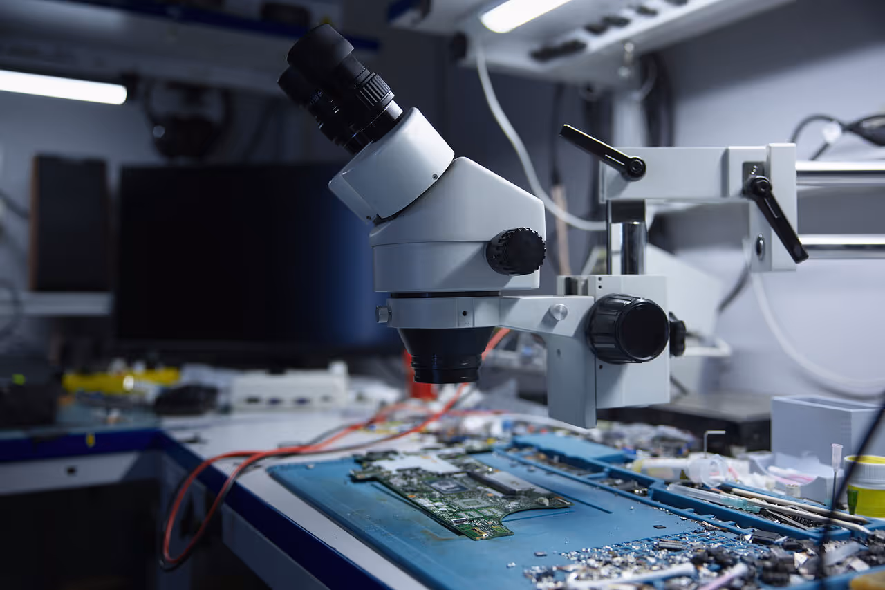 Professional digital microscope mounted over a circuit board on a technician's workbench in an electronics repair lab