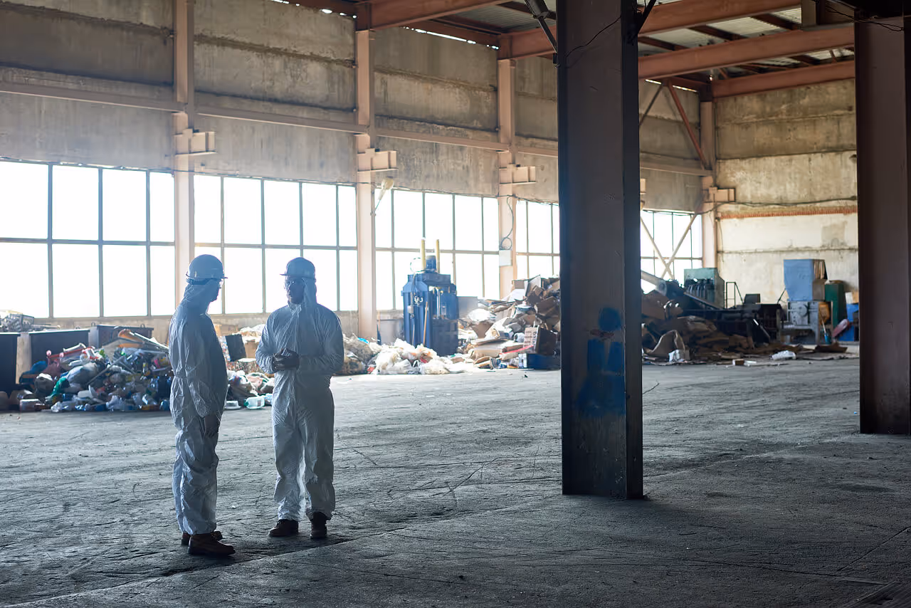 Two workers in white hazmat suits and hard hats standing in a waste processing facility